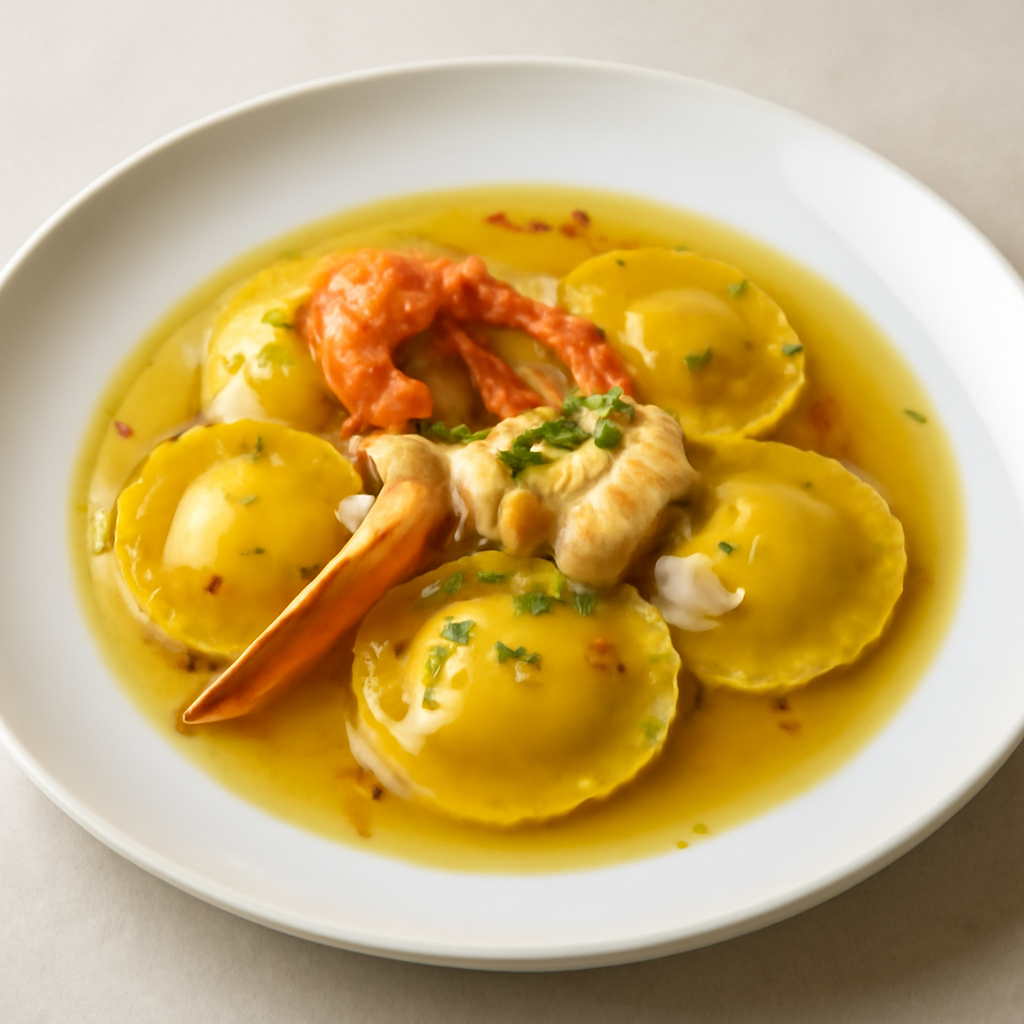Ravioli allo zafferano ripieni di polpa di crostacei cotti nel loro brodo