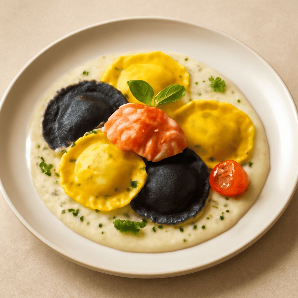 RAVIOLI BICOLORE CON ROBIOLA E SALMONE SU CREMA SI FINOCCHI E MENTA