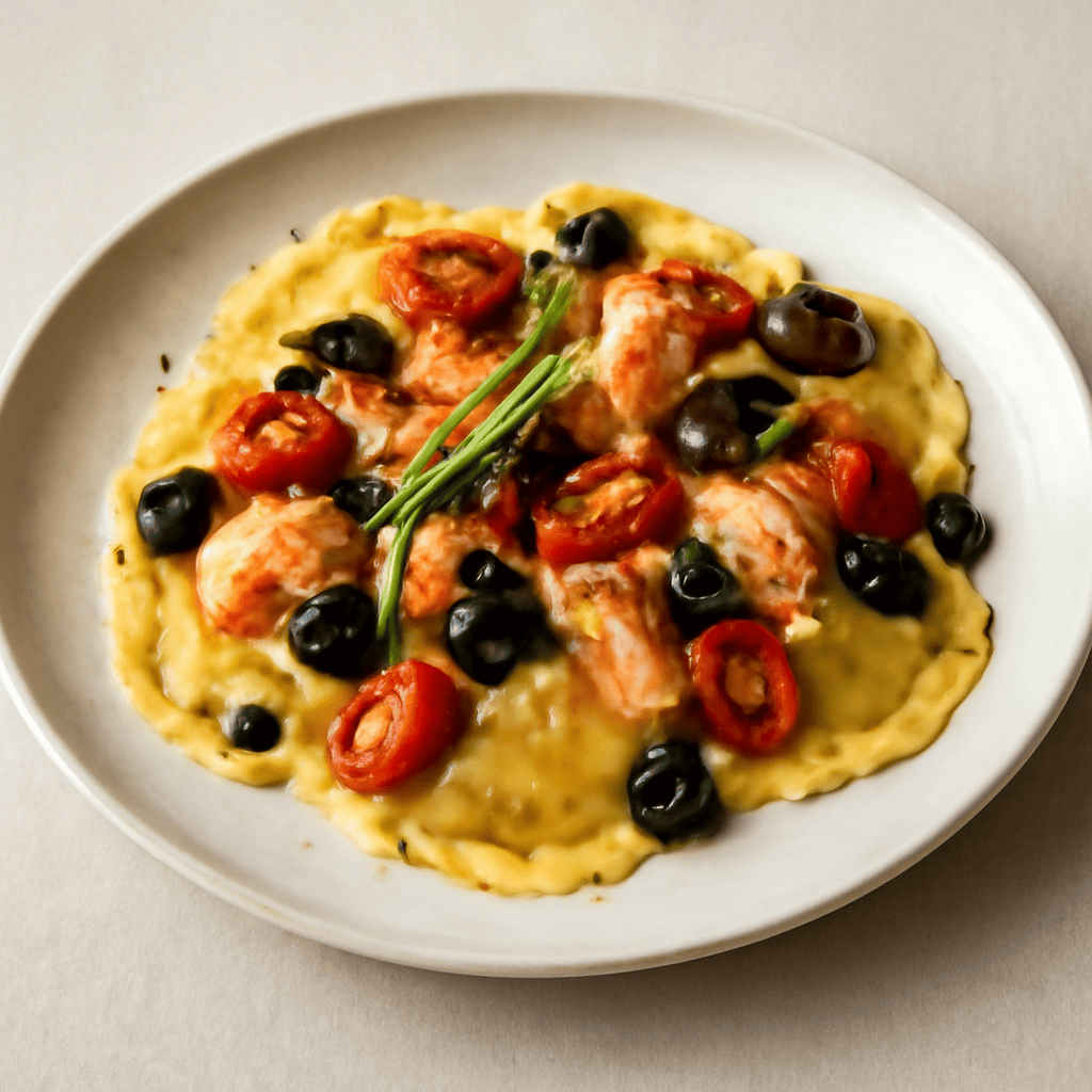 Ravioli con olive nere salmone capperi e pomodorini