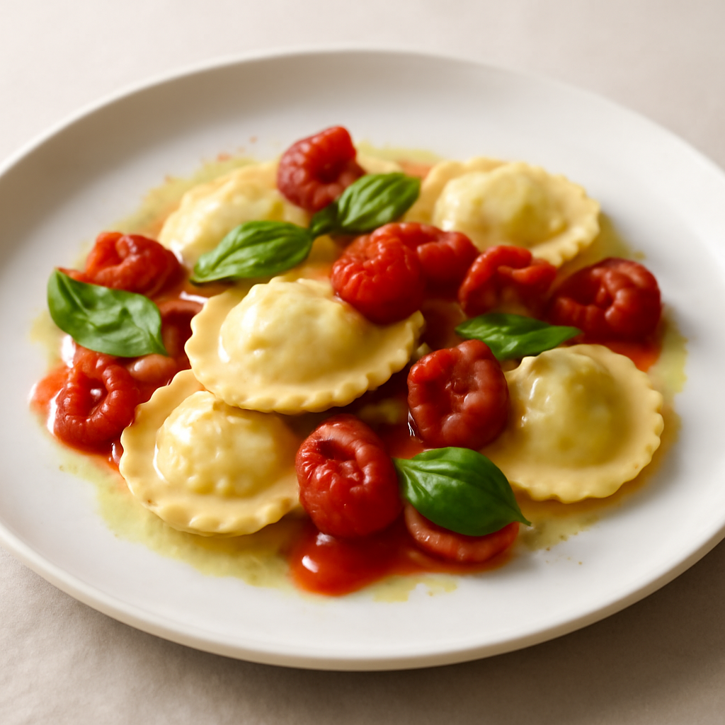 Ravioli con pomodori tiepidi