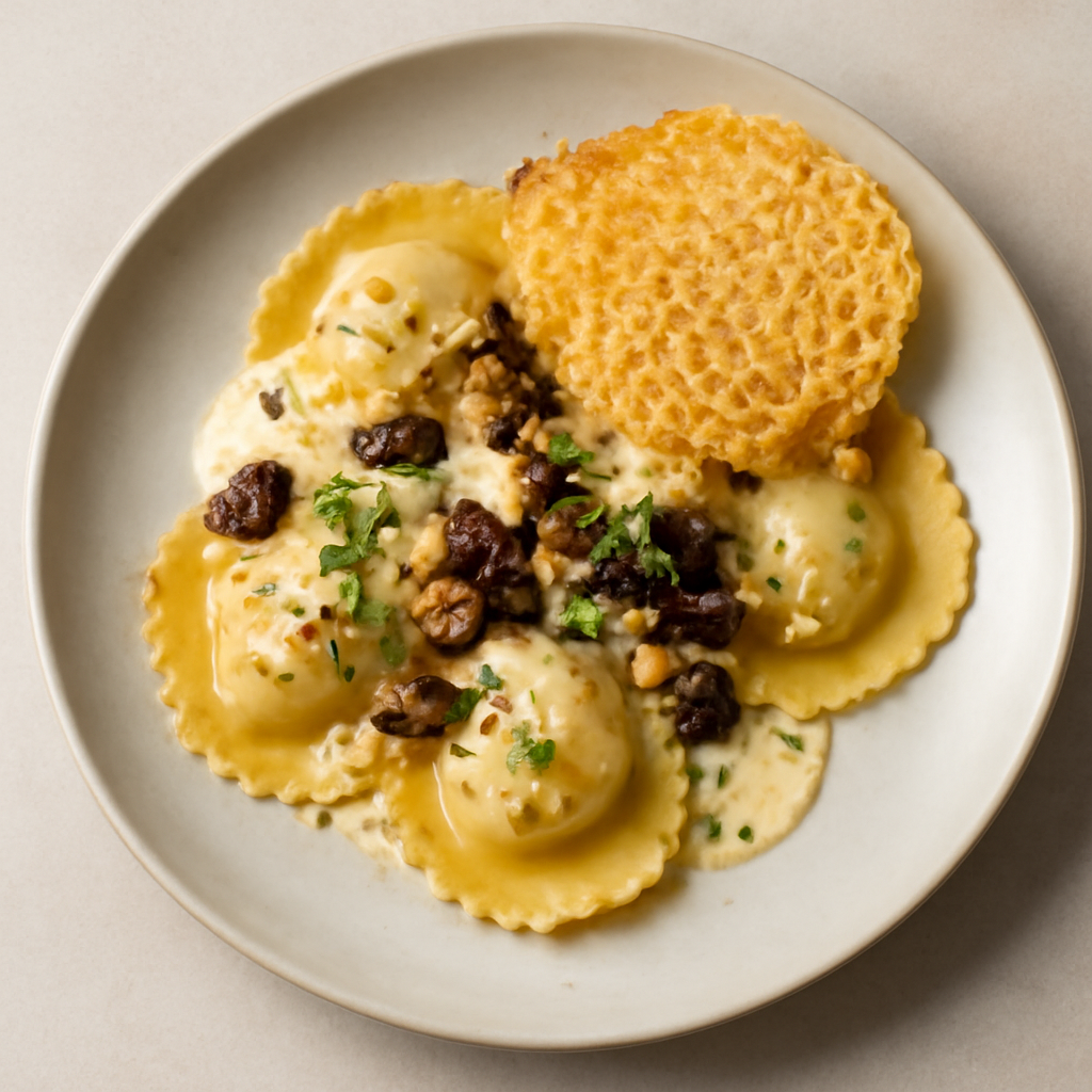 Ravioli di alici, noci olive e fonduta di parmigiano.