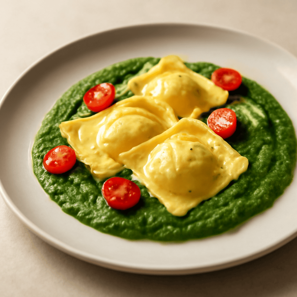 ravioli di burrata su crema di cime di rapa