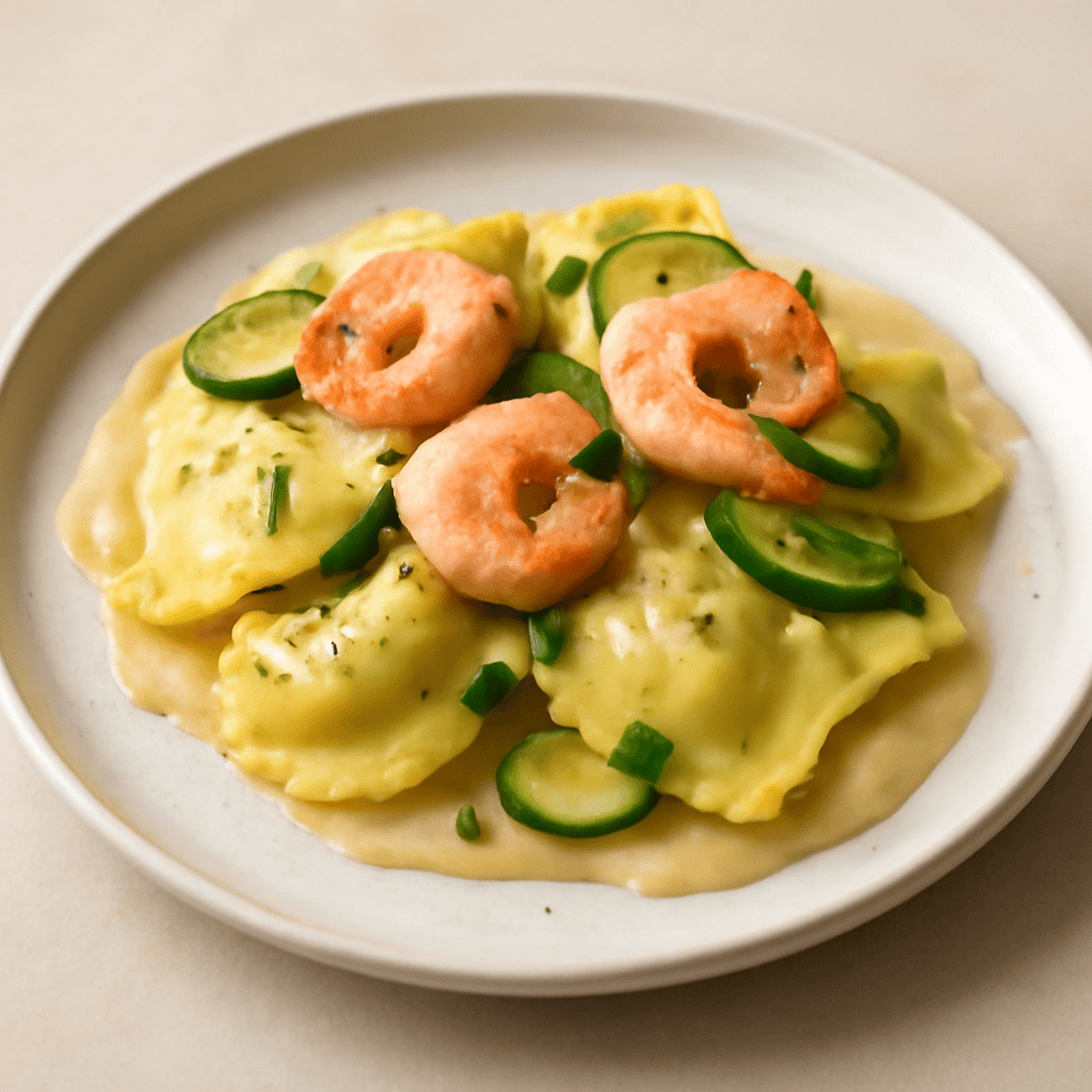 RAVIOLI DI GAMBERETTI E ZUCCHINE CON CREMA DI CECI