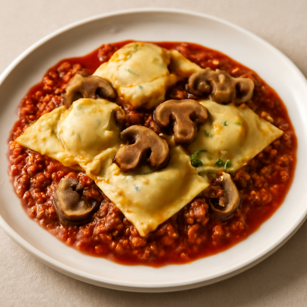 Ravioli di patate e champignon su ragù di tofu.