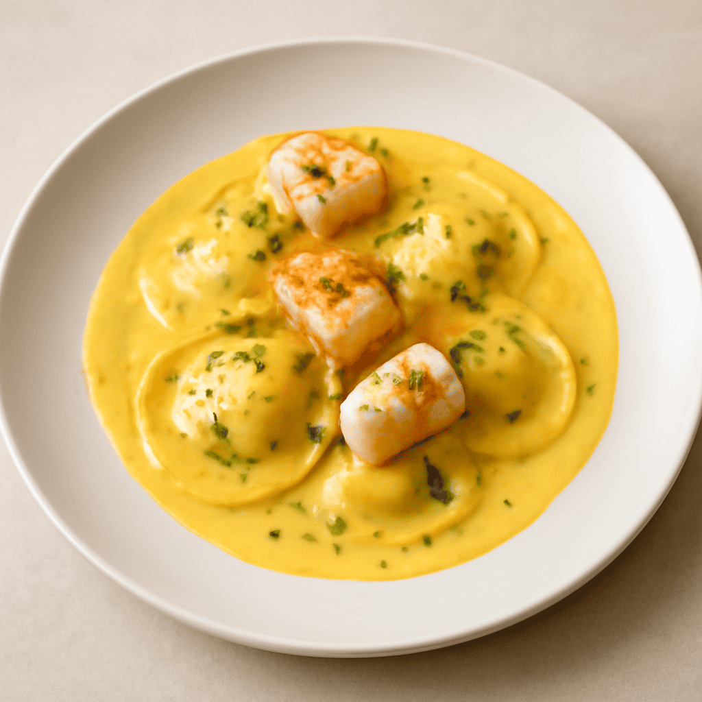 Ravioli di rana pescatrice e gamberi in salsa cremosa allo zafferano