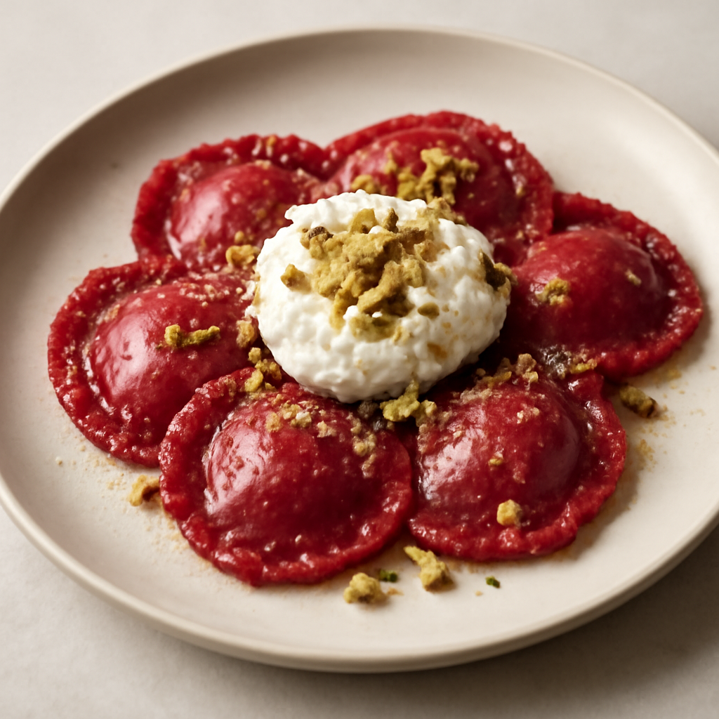 ravioli di rapa rossa con ripieno di burrata e pistacchi.