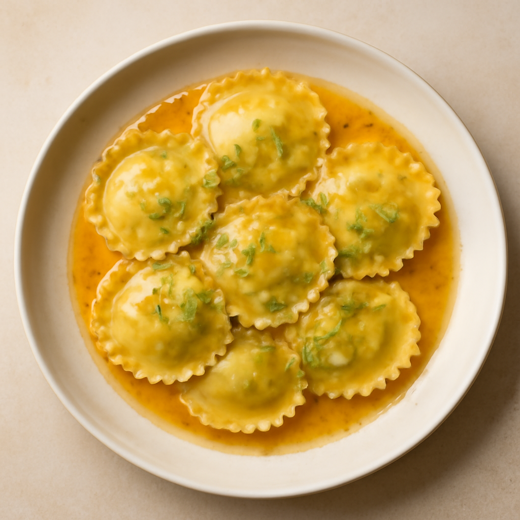 ravioli di scampi al profumo di arancia, finocchietto selvatico e zenzero
