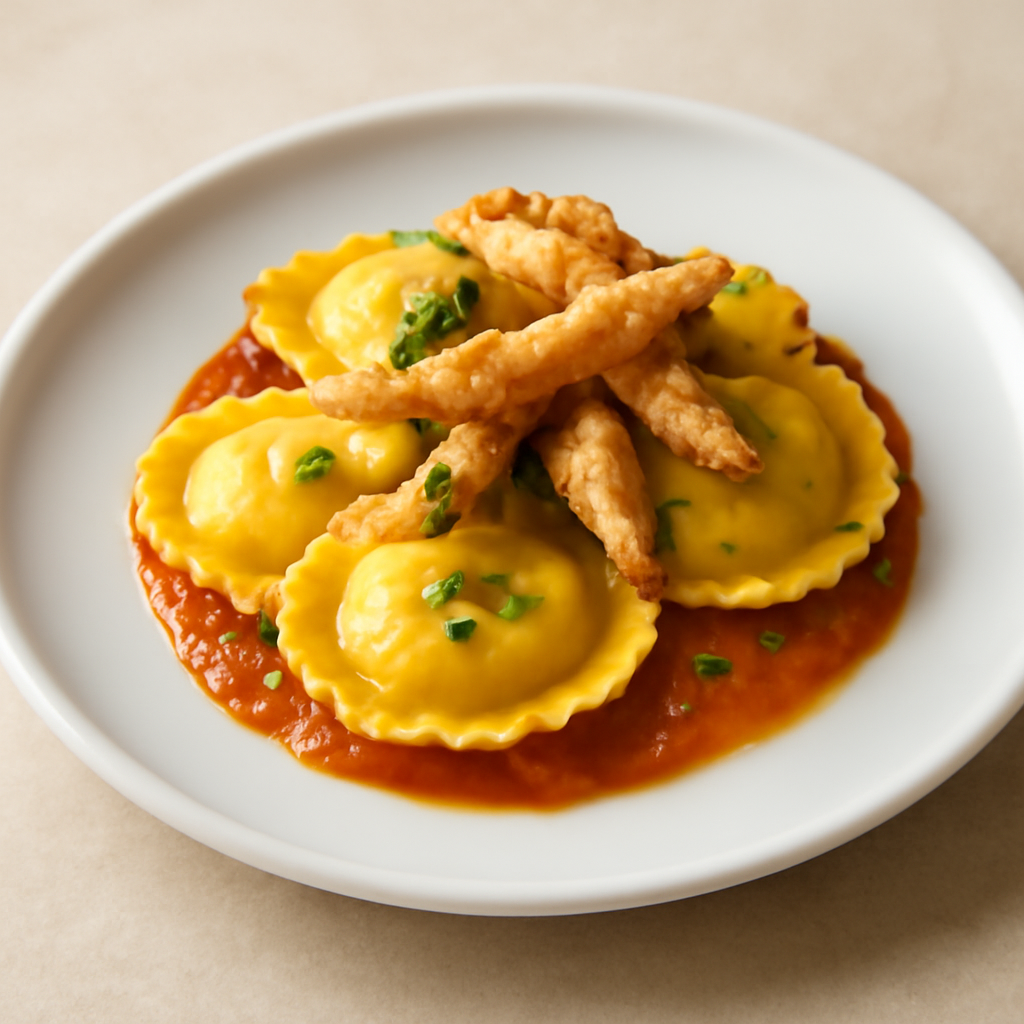 Ravioli di trota allo zafferano su salsa di pomodoro fresco e straccetti fritti di trota