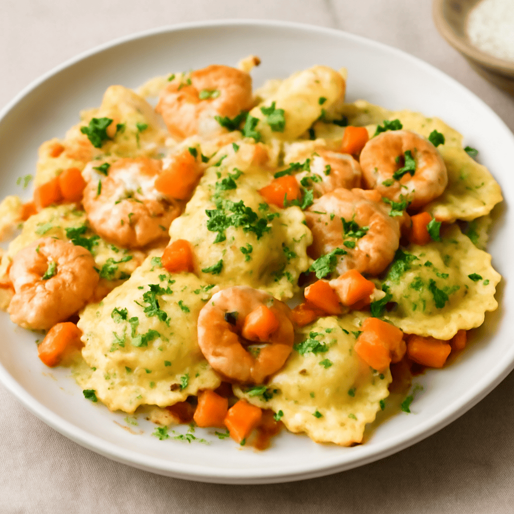 Ravioli farciti con gamberi e carote, Prezzemolo e parmigiano