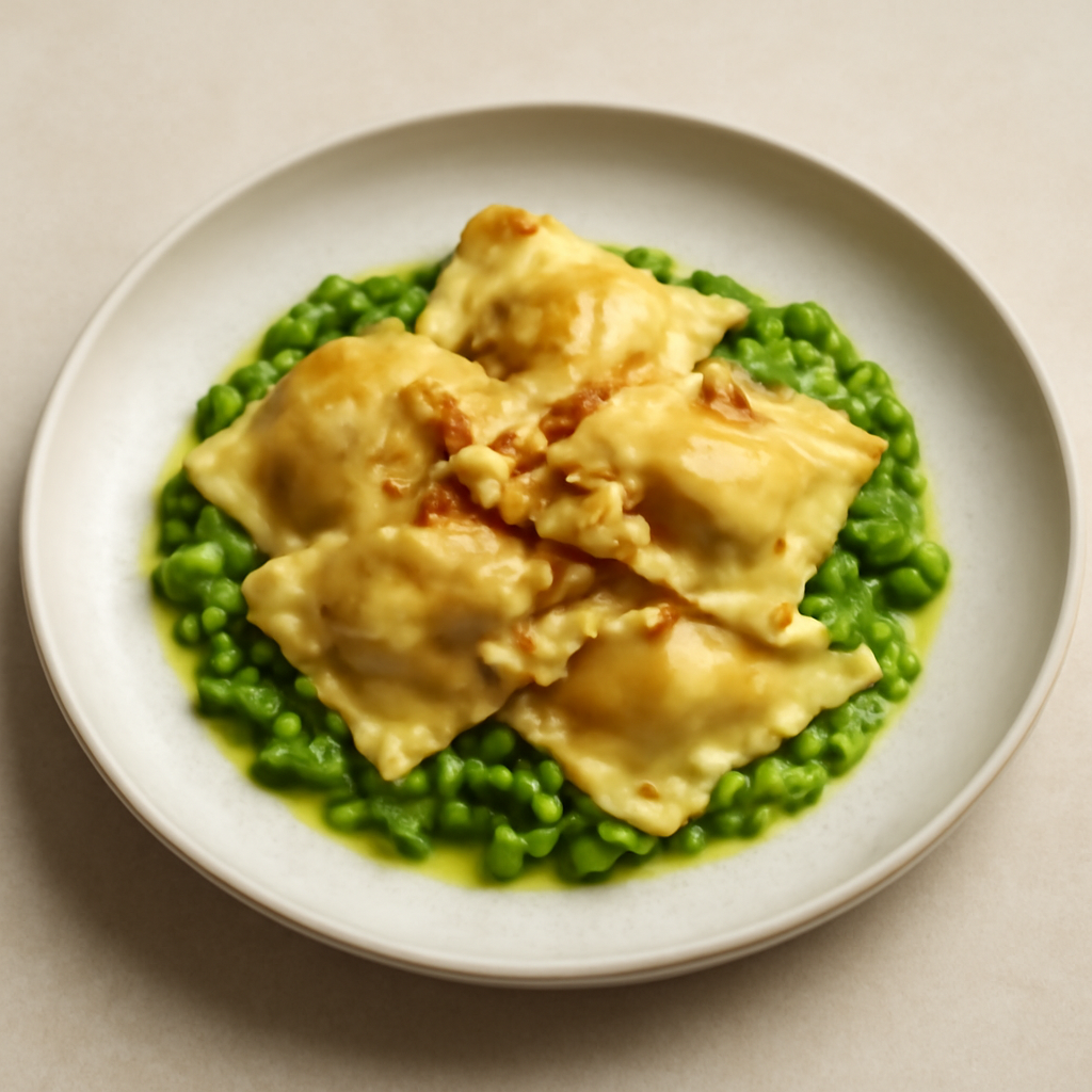 Ravioli gorgonzola e noci con concia di piselli