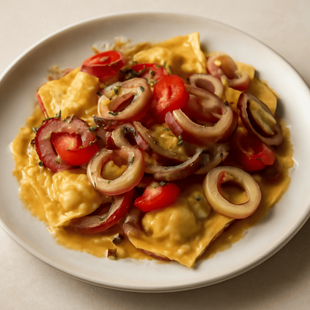 Ravioli pizzicati con calamari e cipolle rosse