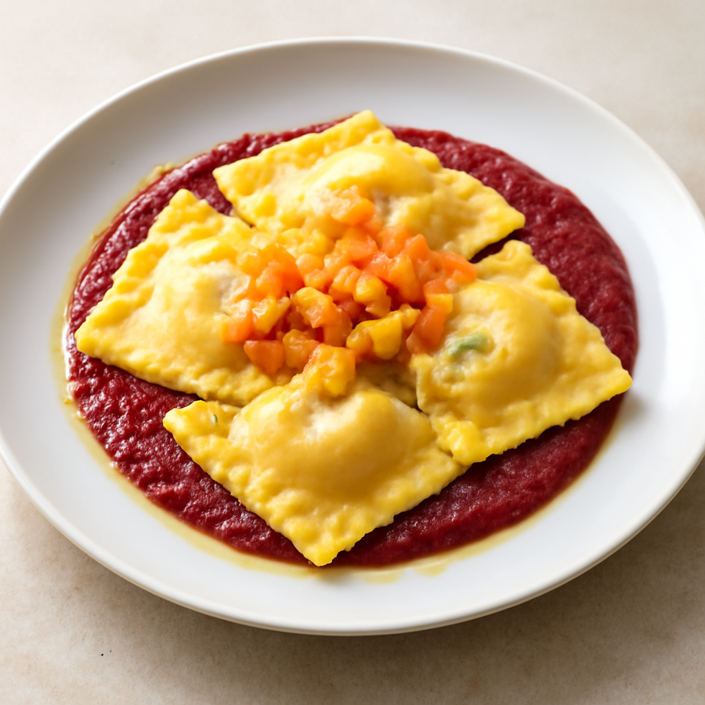 Ravioli ripieni al formaggio caprino e cipolla stufata con crema di rapa rossa e brunoise di carote e peperoni gialli