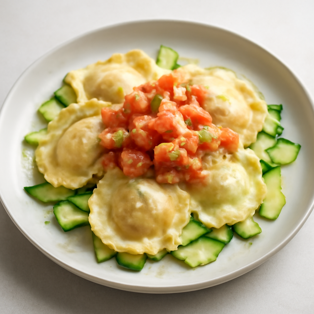 Ravioli ripieni al salmone, zucchine e pomodoro su letto di zucchine e lime grattugiato