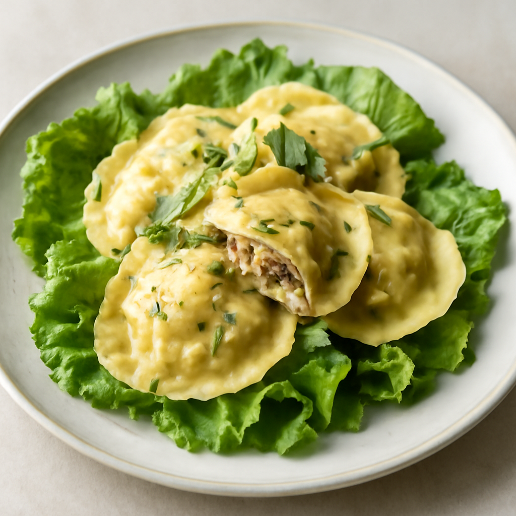ravioli ripieni con petto di pollo e verza su un letto di lattuga