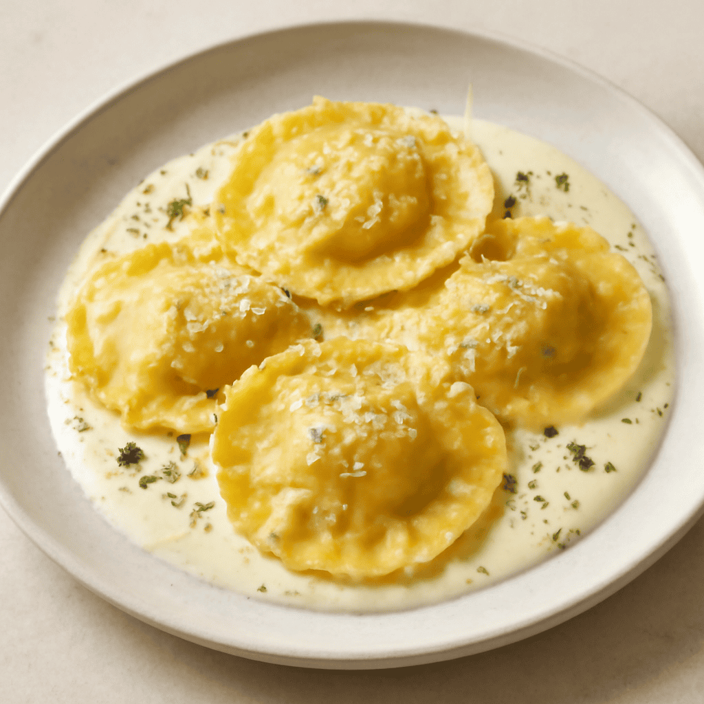 Ravioli ripieni di ananas e zenzero su crema ai formaggi