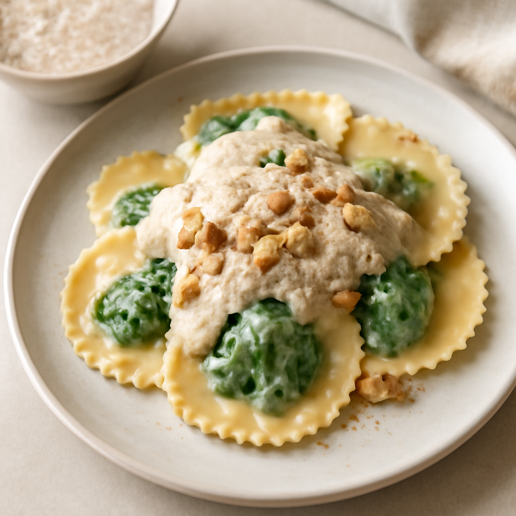 Ravioli ripieni di borragine e bietole con crema di noci