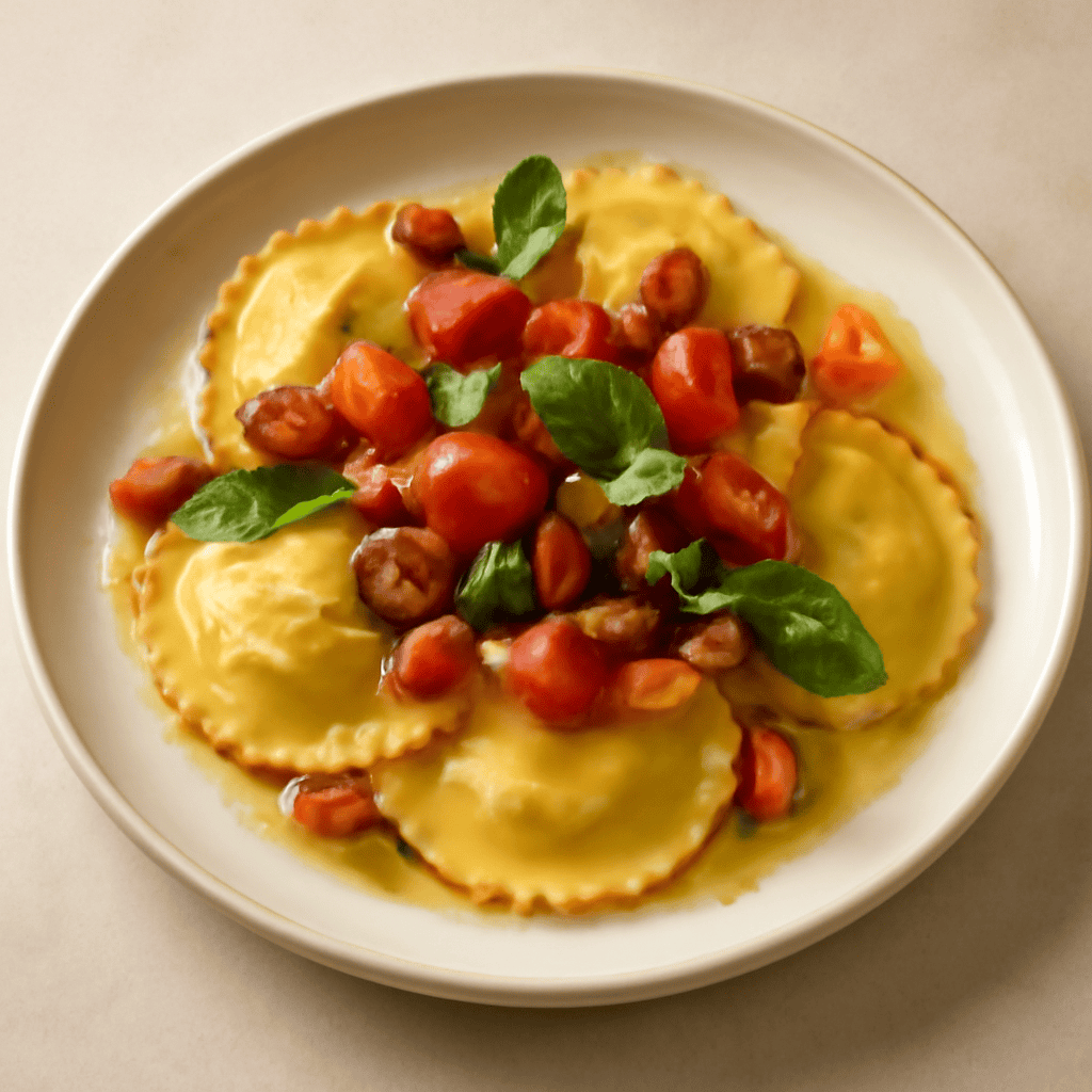 RAVIOLI RIPIENI DI PINOLI E BASILICO CON POMODORINI PANCETTA E MELANZANE