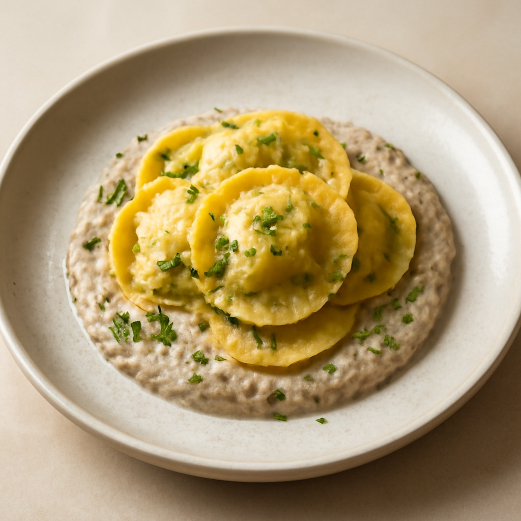 Ravioli ripieni di ricotta su mousse di funghi