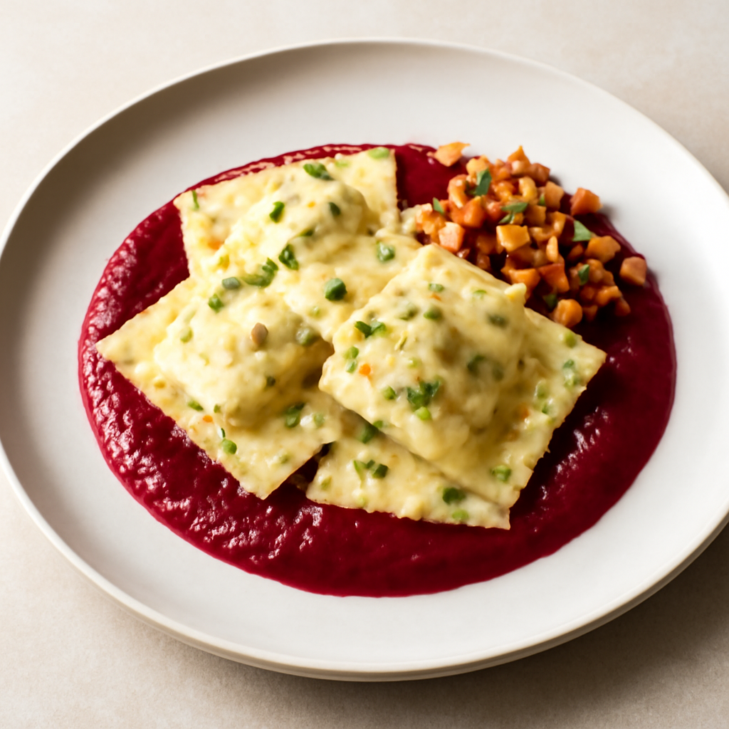 Ravioli ripieni di stracchino alle erbe aromatiche, salsa alla rapa rossa, brunoise di carota, rapa rossa, sedano