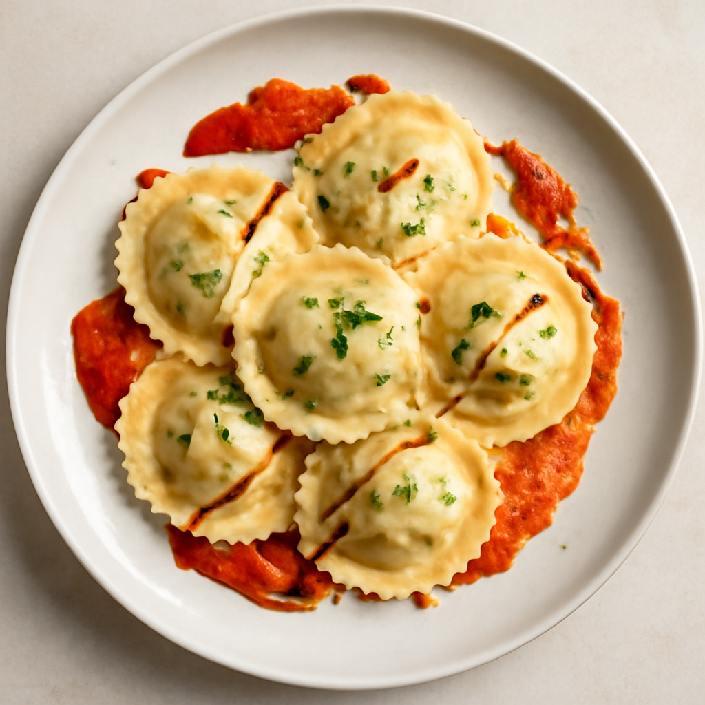 RAVIOLI RIPIENI DI TACCHINO ALL’ERBA CIPOLLINA CON SALSA DI PEPERONI E CAPRINO E RIDUZIONE DI SOIA AL MIELE