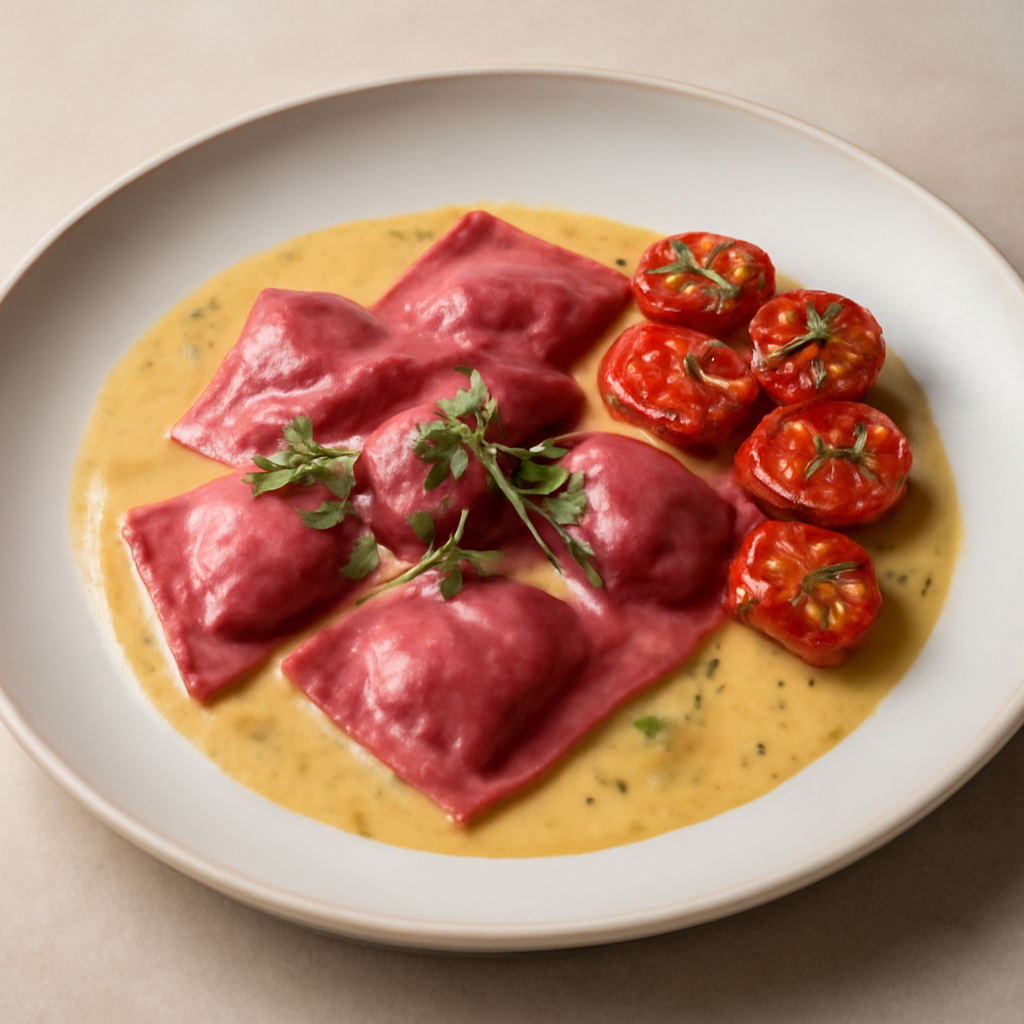 Ravioli rosa alle verdure in salsa saporita al pollo