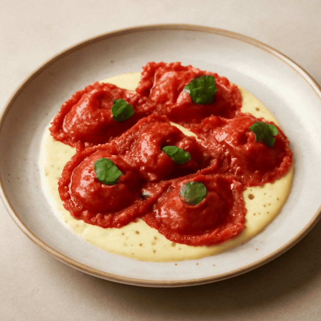 Ravioli rossi con ripieno di seitan e melanzane su crema di camoscio d’oro