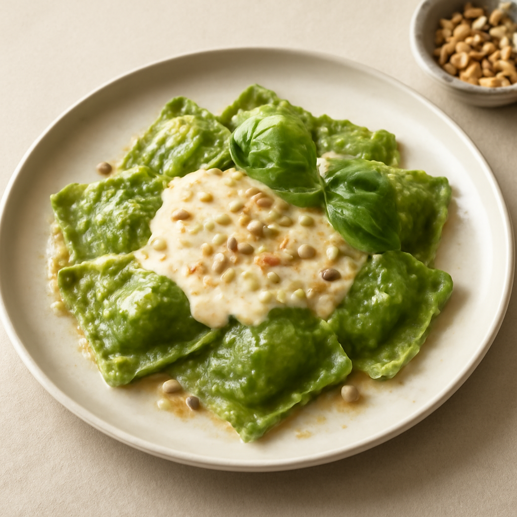 RAVIOLI VERDI DI NOCI E RICOTTA PROFUMATI AL LIME IN SALSA DI PINOLI