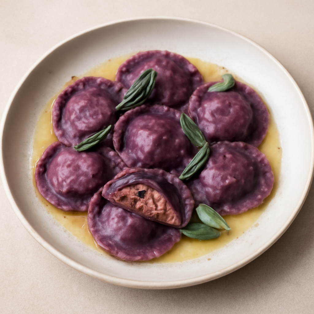 Ravioli viola al ripieno di quaglia