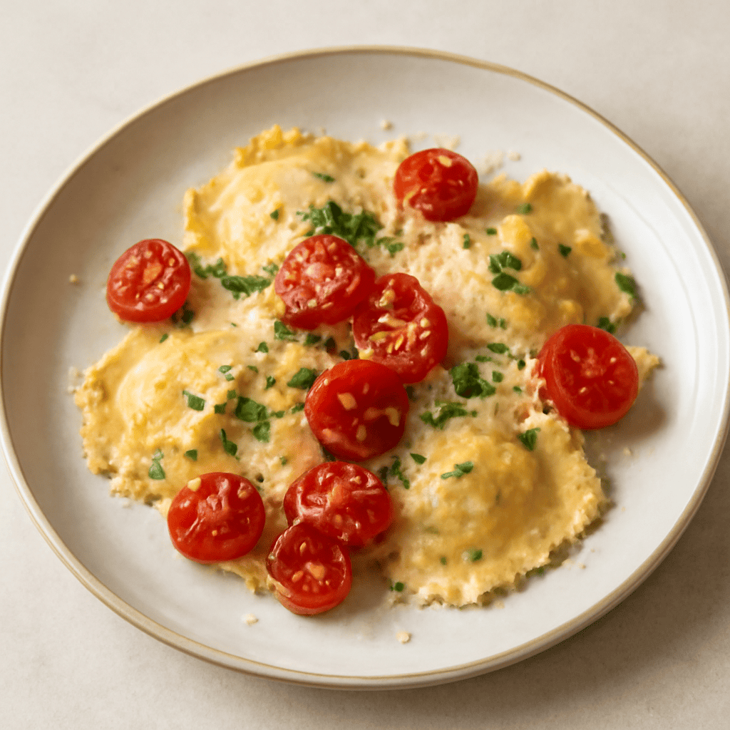 Ravioliai funghi con pomodorini arrosto