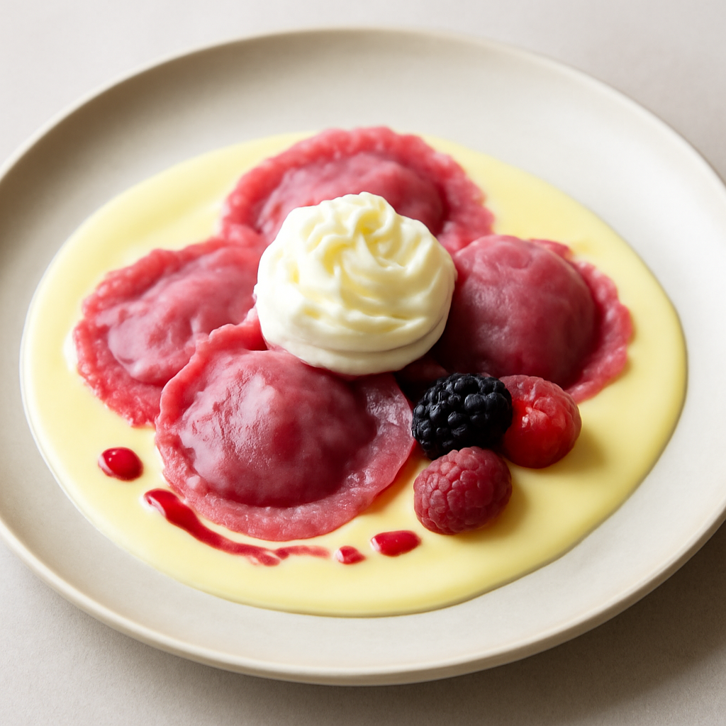RAVIOLINI DI FRUTTI DI BOSCO RIPIENI DI CREMA AL MASCARPONE E LIME SU CREMA INGLESE