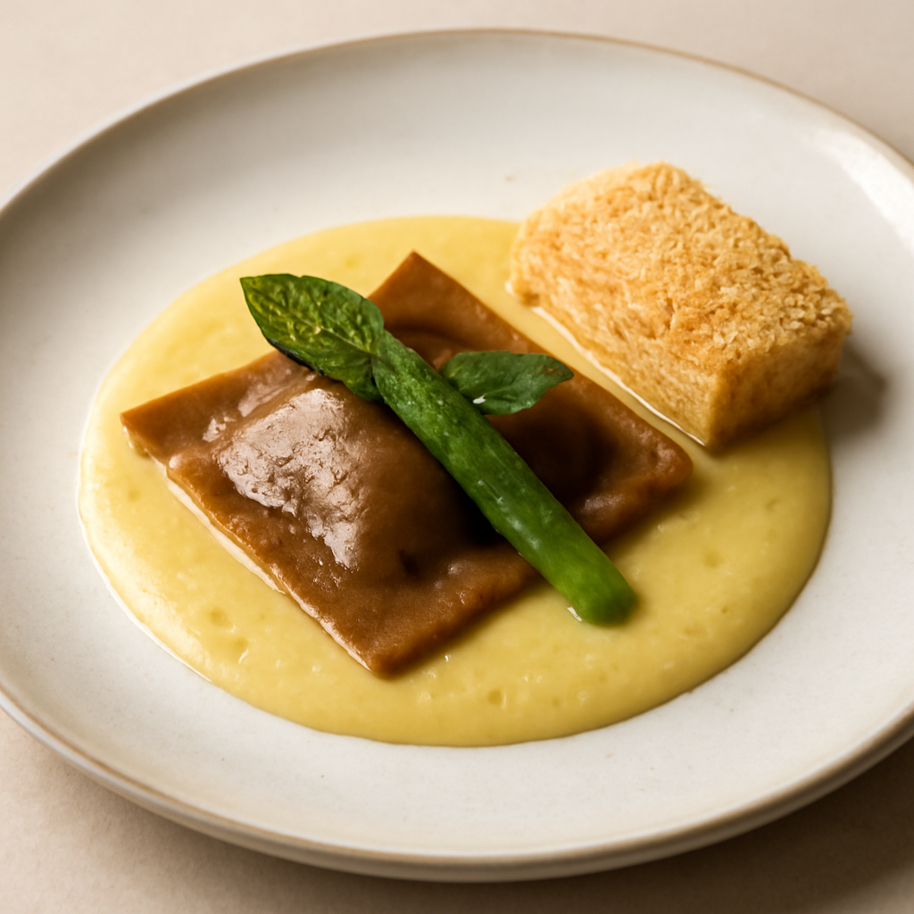 Raviolo al caffé ripieno di asparagi e menta su crema di patate agli agrumi, frolla salata al parmigiano