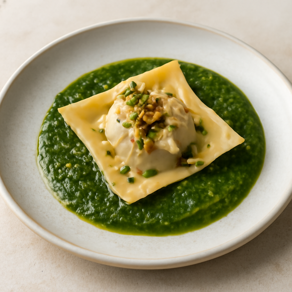 Raviolo al fiocco di capra con salsa di spinaci