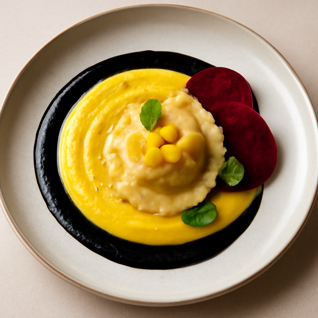 Raviolo di prosecco al mango e rapa rossa con crema di riso alla curcuma e salsa al nero