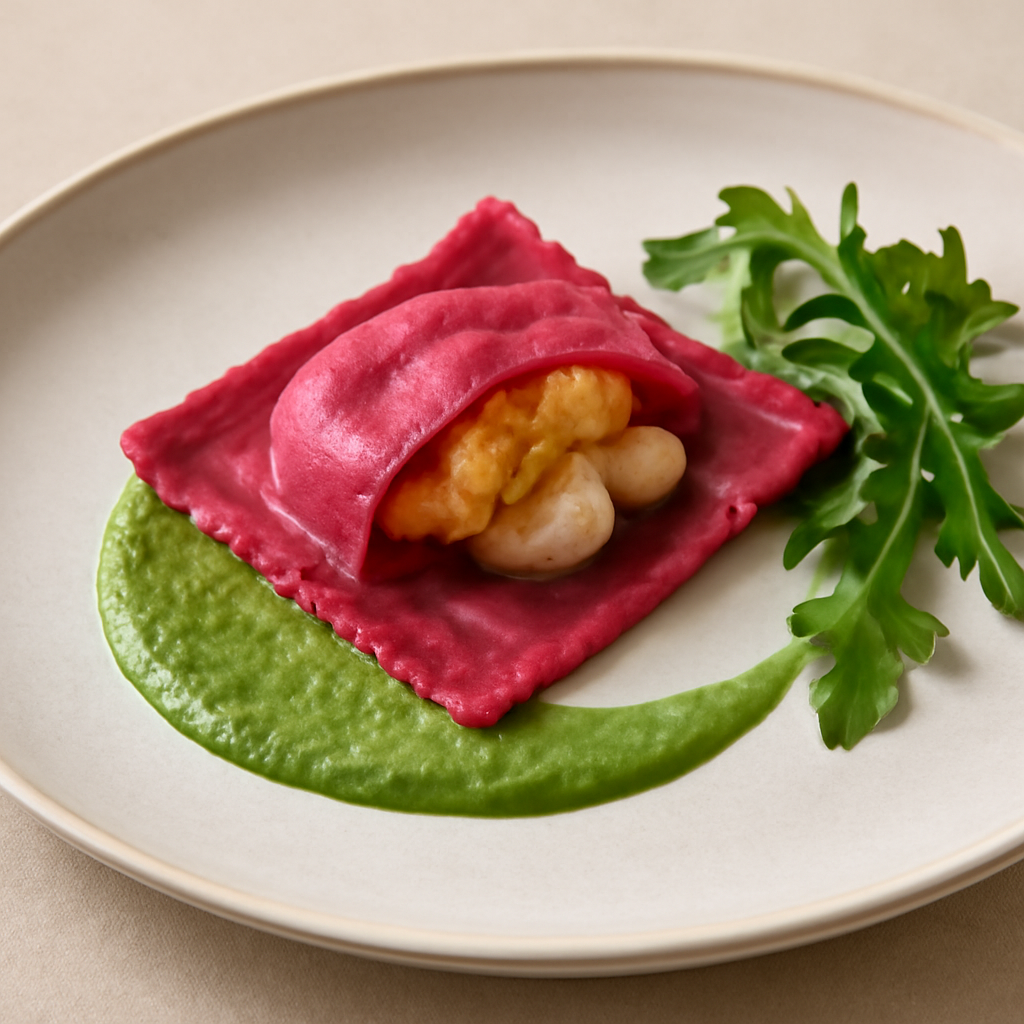 Raviolo fucsia con ripieno di gamberi e ananas croccante accompagnato da una crema di rucola