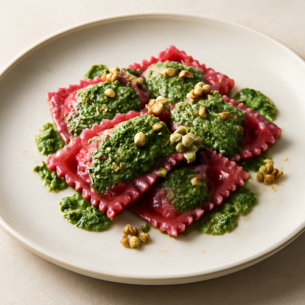 Raviolo rosso al pesto verde