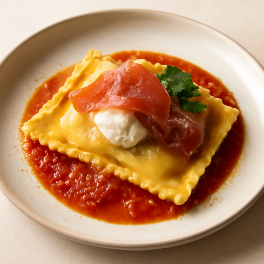 raviolo scomposto con farcia di mozzarella e speck