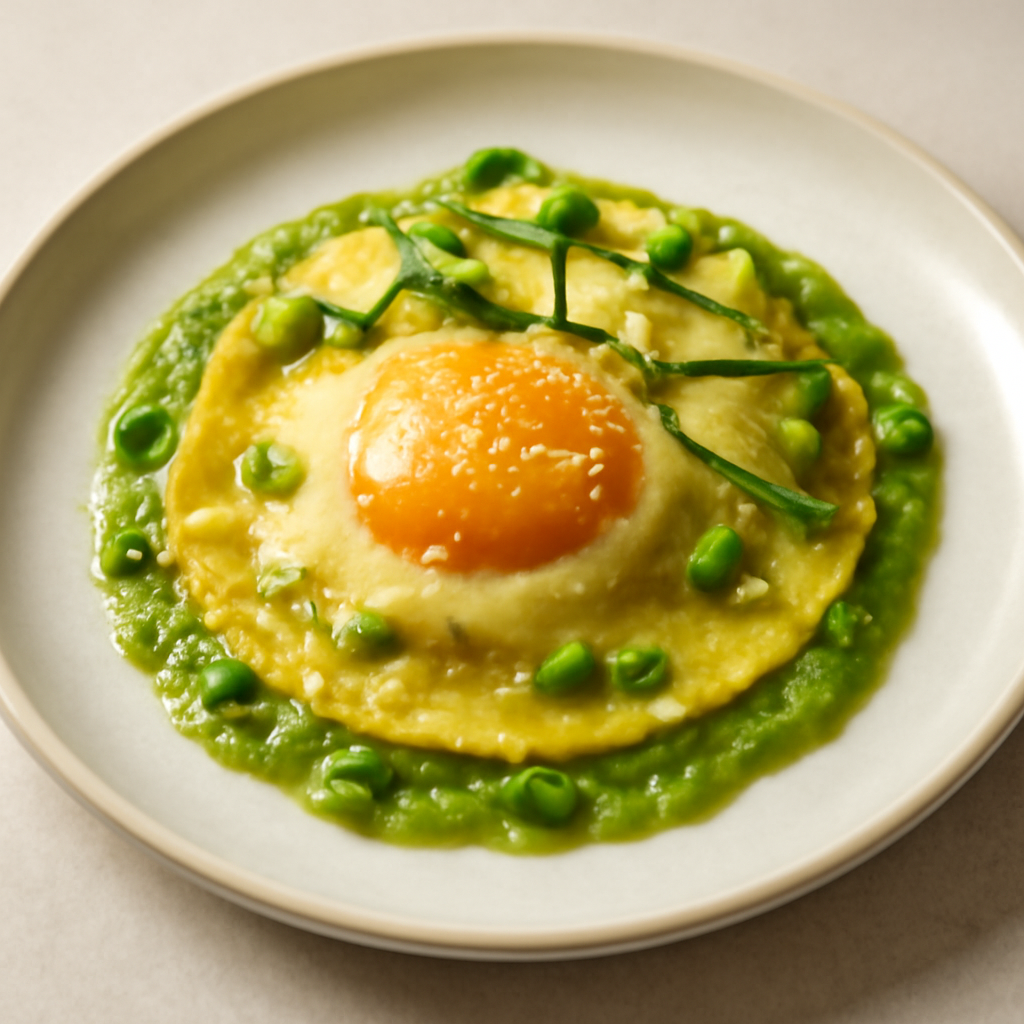 Raviolone al tuorlo d’uovo con zucchine e salsa di piselli