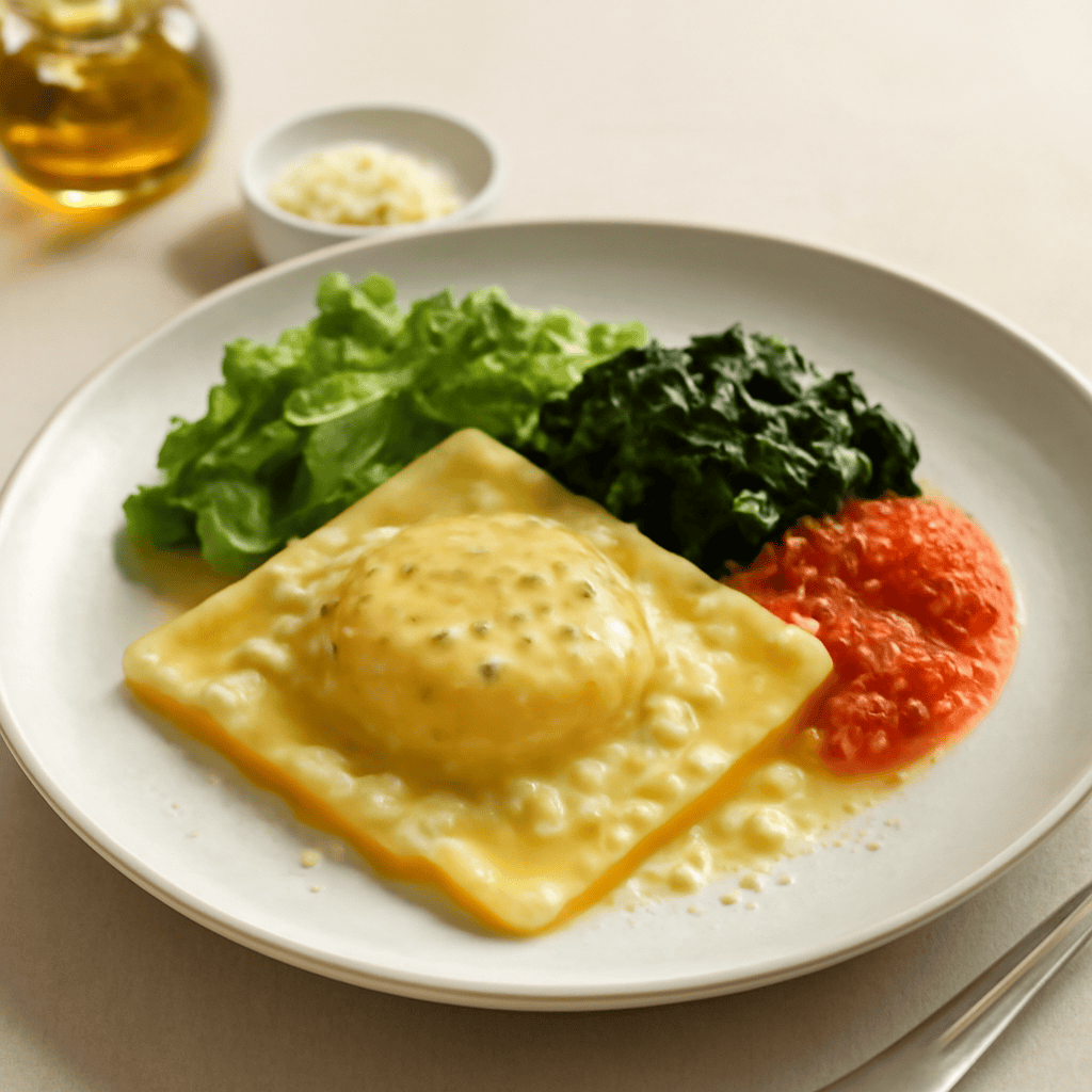 Raviolone al Tuorlo Fondente con Ricotta e Spinaci