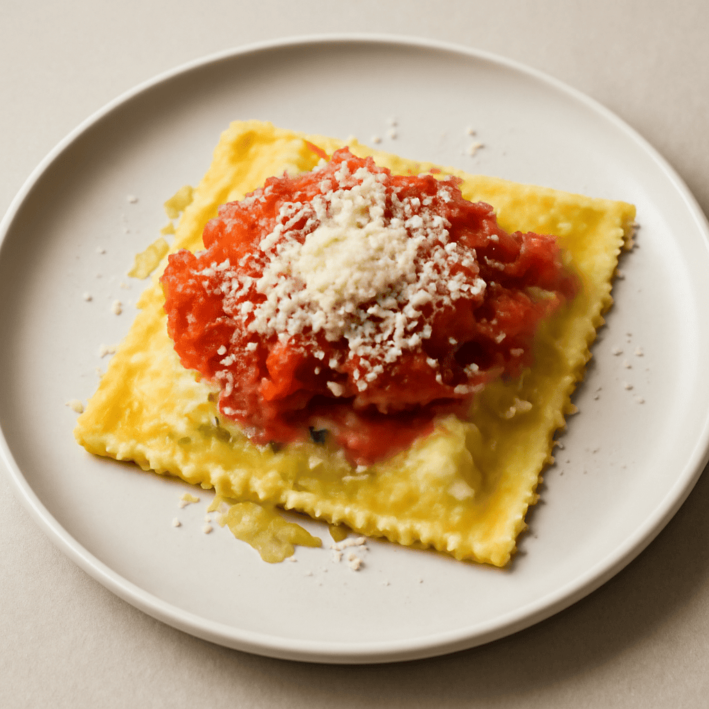 Raviolone con concassè di pomodoro