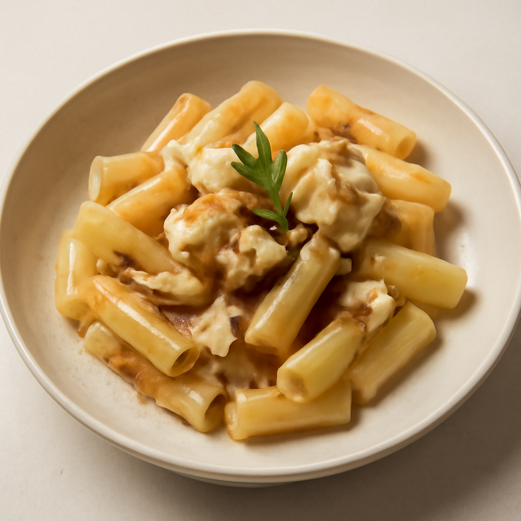 Rigatoni mantecati al fondo bruno e salsa al cavolfiore