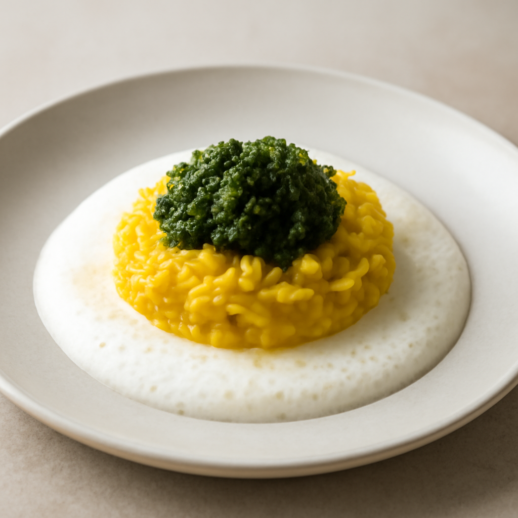 Riso allo zafferano con caviale di rucola su schiuma al parmigiano