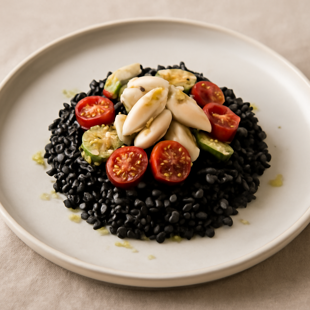 RISO CON NERO DI SEPPIA POMODORO CONFIT E ZUCCHINA