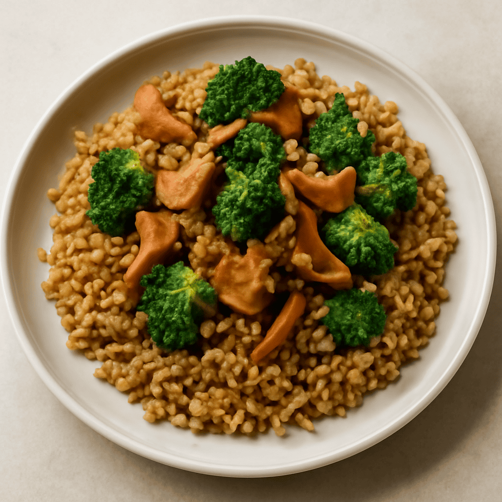 riso integrale speziato con funghi e broccoletto