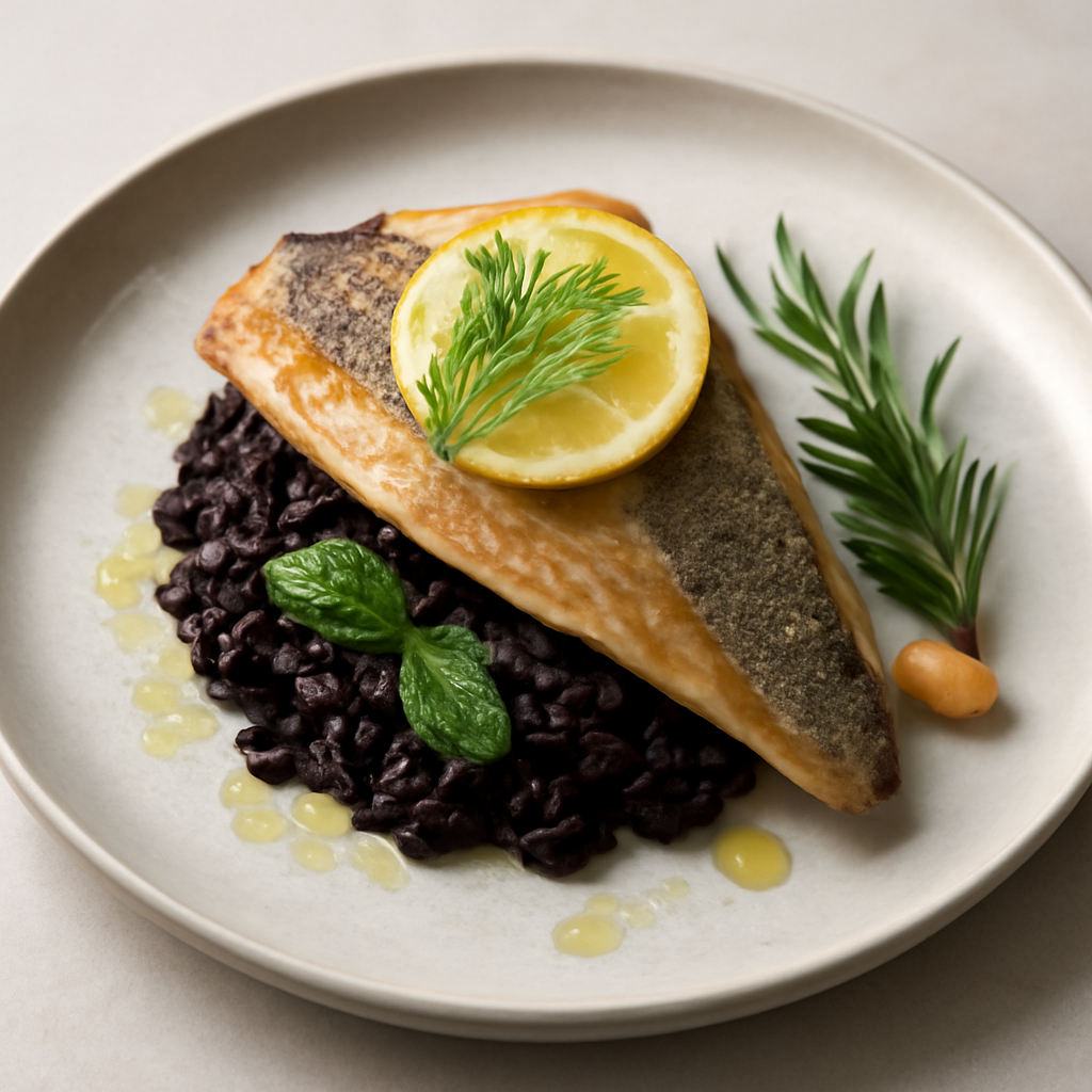 Riso venere al profumo di limone e menta con filetto di branzino