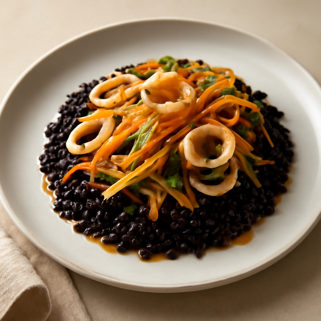 Riso venere con julienne di calamari e verdure alla cantonese