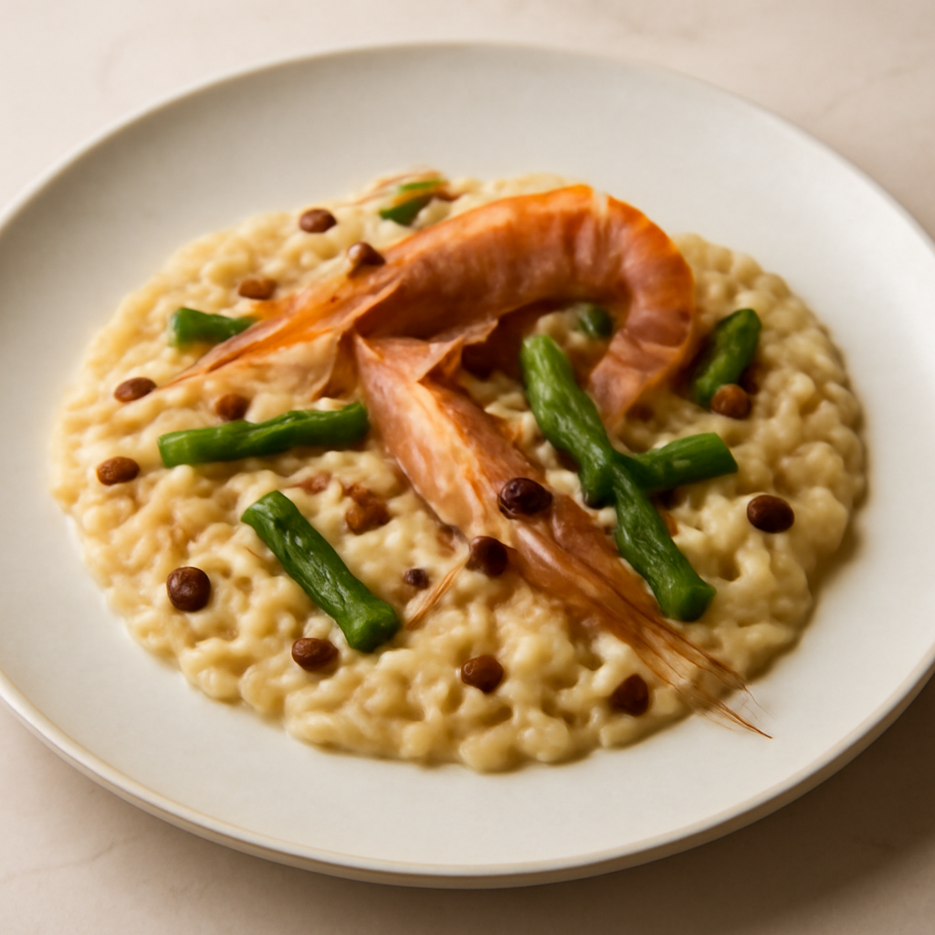 Risotto agli scampi e asparagi con gocce di Caffè