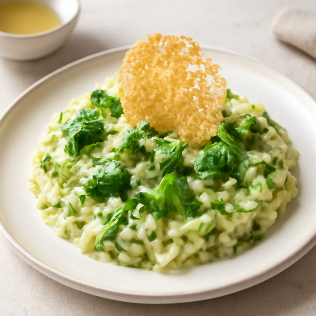 Risotto ai broccoli, aneto e erba cipollina, con cialda al parmigiano