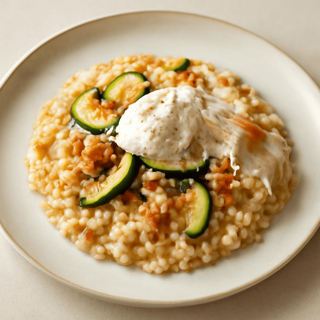 risotto al ragù bianco con crema al grana,lardo e zucchine
