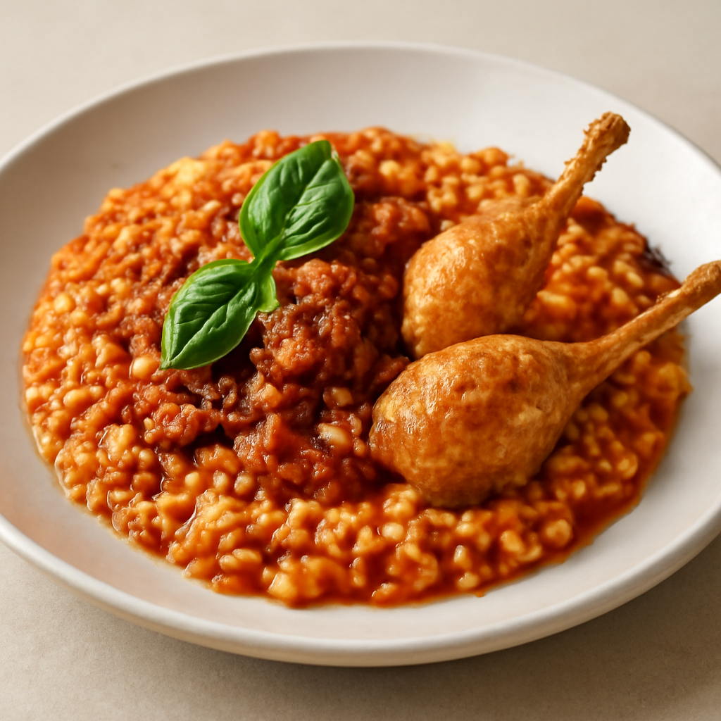 Risotto al ragù di quaglia ed cosce fritte dorate con basilico