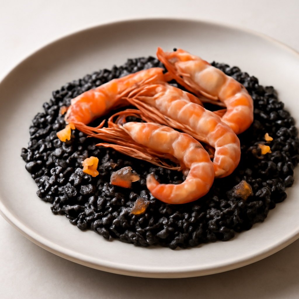 Risotto al the nero con scampi e scorza di pompelmo candita